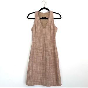 BCBGMAXAZRIA Pink & Brown Plaid Tweed Pattern V-Neck Fringe A-Line Sheath Dress